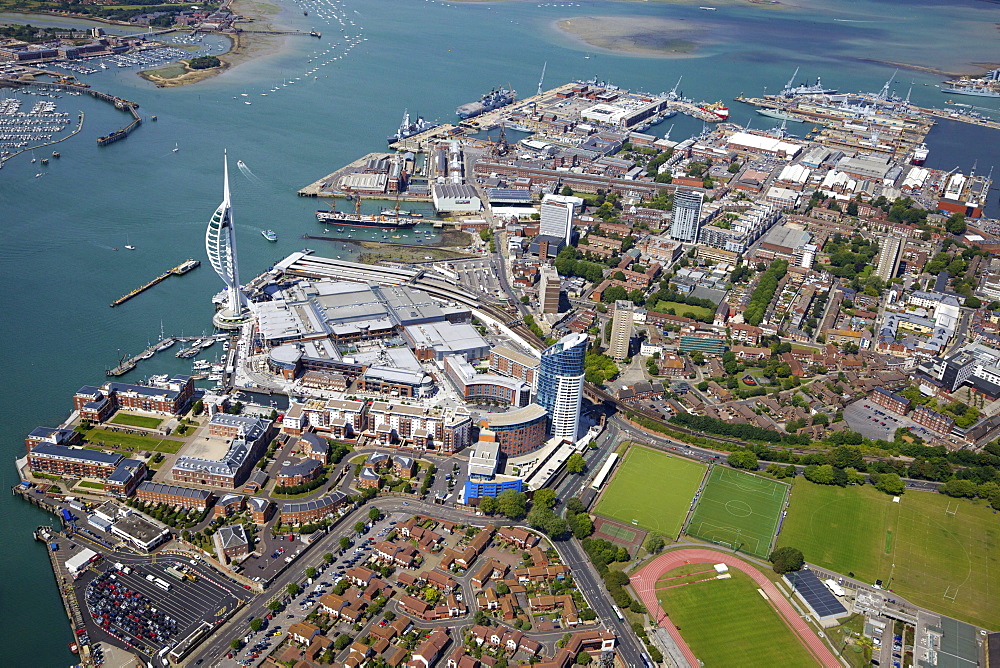 Aerial view of the Spinnaker Tower and Gunwharf Quays, Portsmouth, Hampshire, England, United Kingdom, Europe