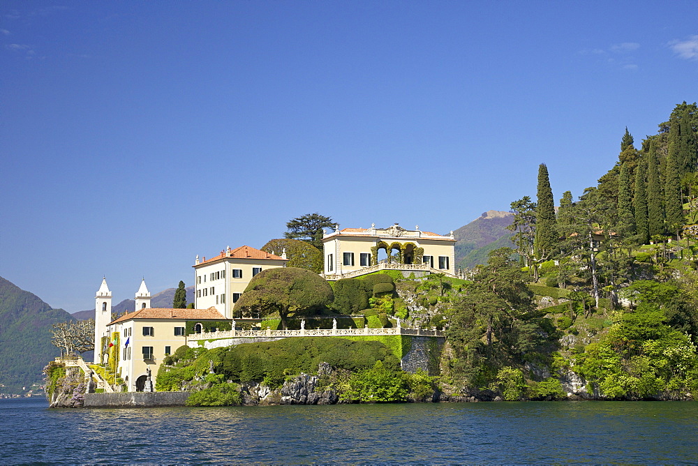 Villa del Balbianello on Punta di Lavedo in spring sunshine, Lake Como, Italian Lakes, Italy, Europe