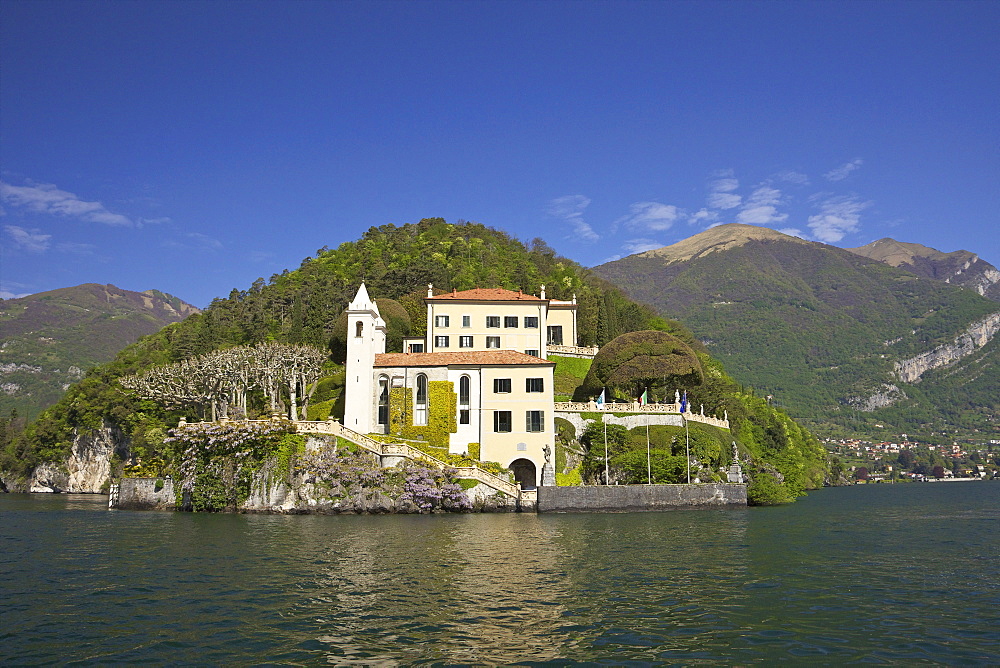 Villa del Balbianello on Punta di Lavedo in spring sunshine, Lake Como, Italian Lakes, Italy, Europe