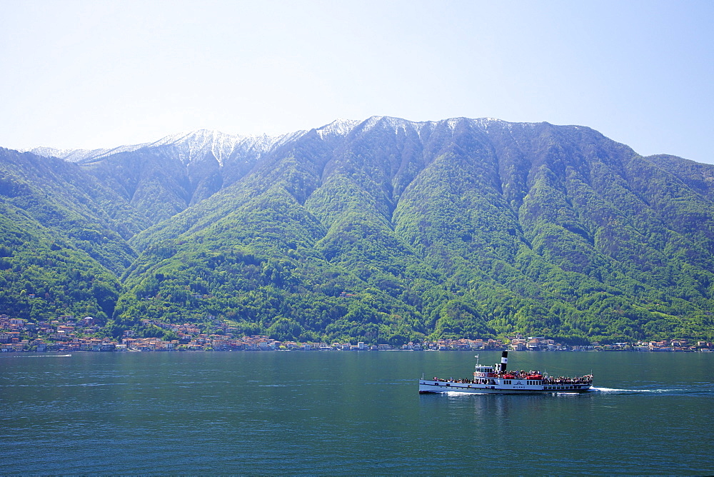 Steamer ferry boat Milano on Lake Como in spring sunshine, Italian Lakes, Northern Italy, Europe