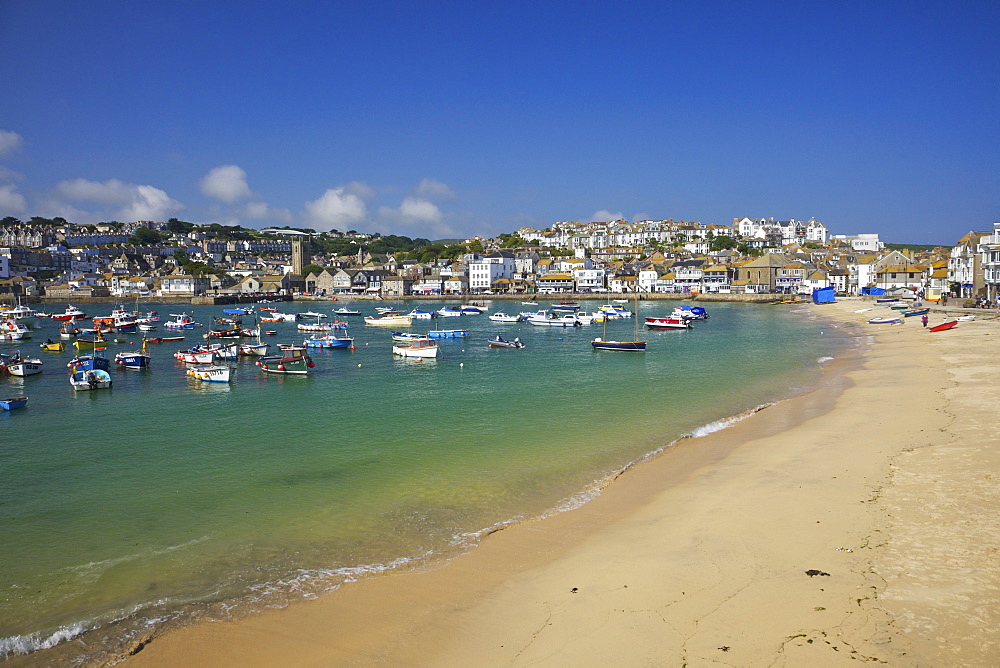 Summer sunshine on boats in the old harbour, St. Ives, Cornwall, England, United Kingdom, Europe