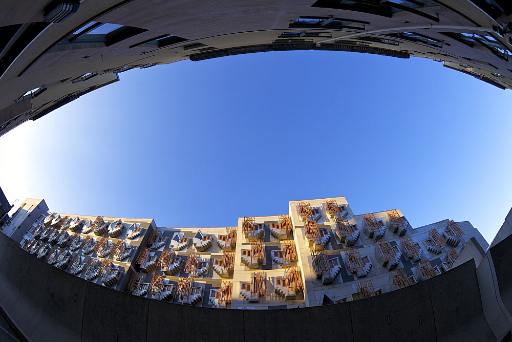 Exterior of New Scottish Parliament building, architect Enric Miralles, Holyrood, Edinburgh, Scotland, United Kingdom, Europe