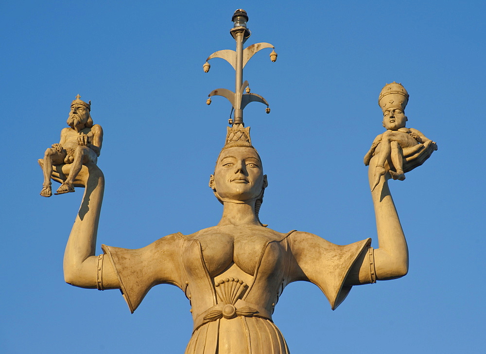 The Imperia statue, shows a woman holding the emperor and the pope on her hands, symbolic display of the immoral behavior of the rulers at the Council of Constance in the Middle Ages, statue at the harbour of Constance, Baden-Wuerttemberg, Germany, Europe