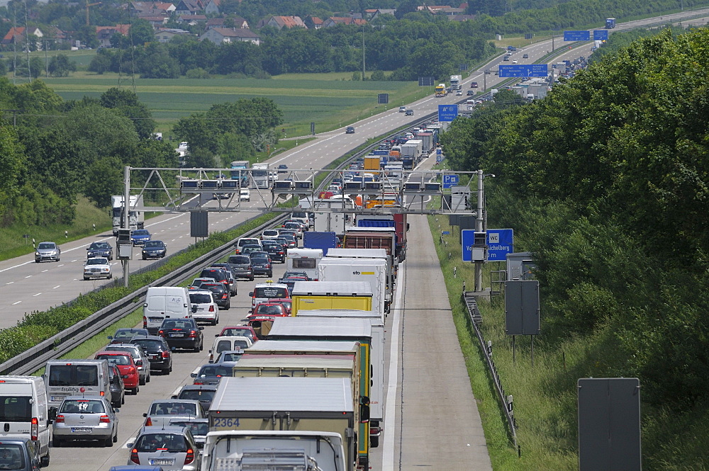 Traffic jam on the A8 highway as a result of a truck accident, view towards Albaufstieg, Aichelberg near Gruibingen, Baden-Wuerttemberg, Germany, Europe