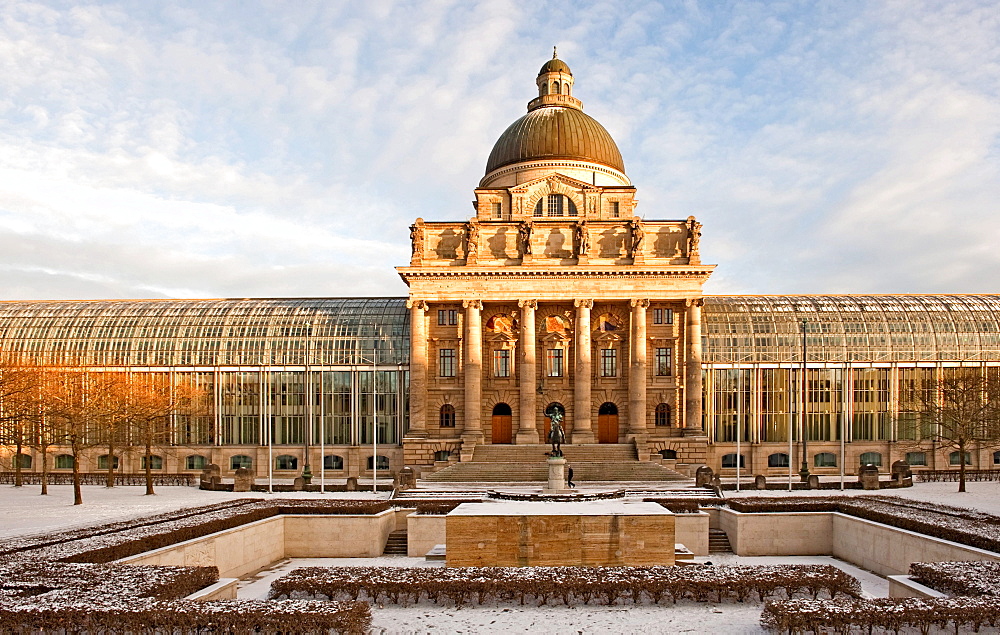 Bavarian State Chancellery at the Court Garden, with the central part of the Bavarian army museum building and its dome integrated that was destroyed during the Second World War, Munich, Bavaria, Germany, Europe