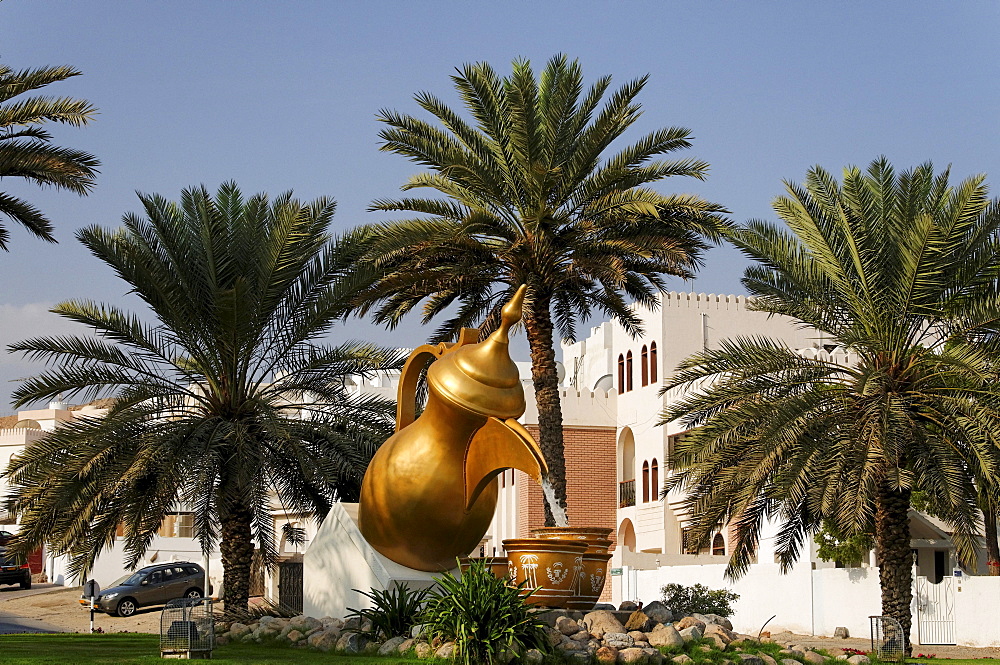 Oversize sculpture of a coffee pot with two cups, Capital Area, Oman, Middle East