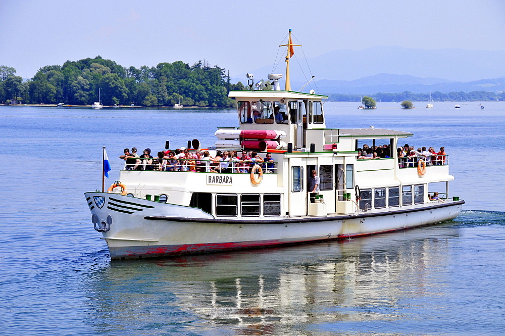 Charter ship, Barbara, from the Chiemsee Shipping Company on Fraueninsel, Women's Island, Lake Chiemsee, Chiemgau, Bavaria, Germany, Europe