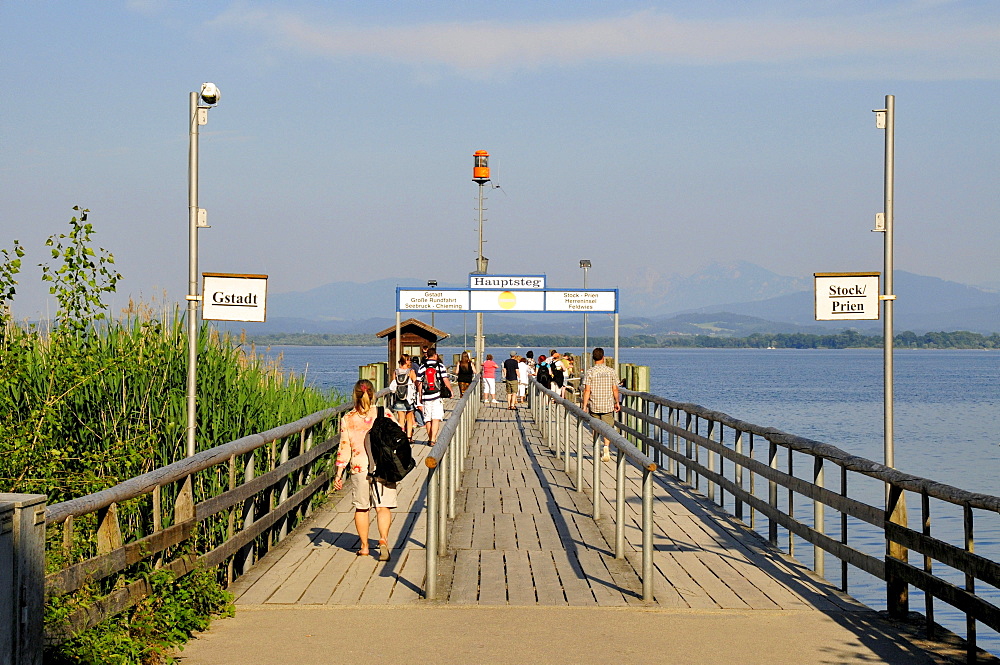 Wharf of the Chiemsee-shipping company on Fraueninsel, Women's Island, Lake Chiemsee, Chiemgau, Bavaria, Germany, Europe