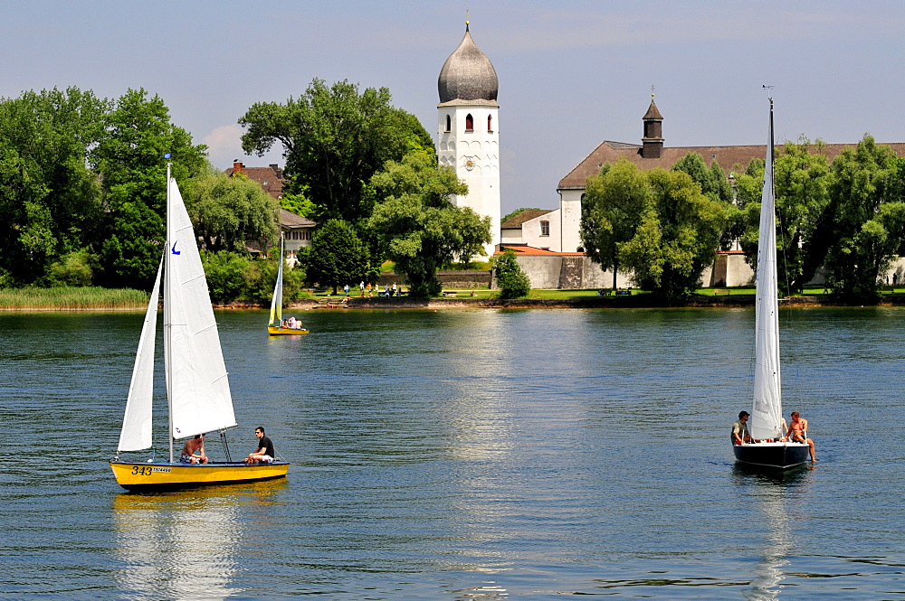 Sailing boats in front of the tower of the Benedictine Monastery dating from the 8th Century on Fraueninsel, Women's Island, Lake Chiemsee, Chiemgau, Bavaria, Germany, Europe