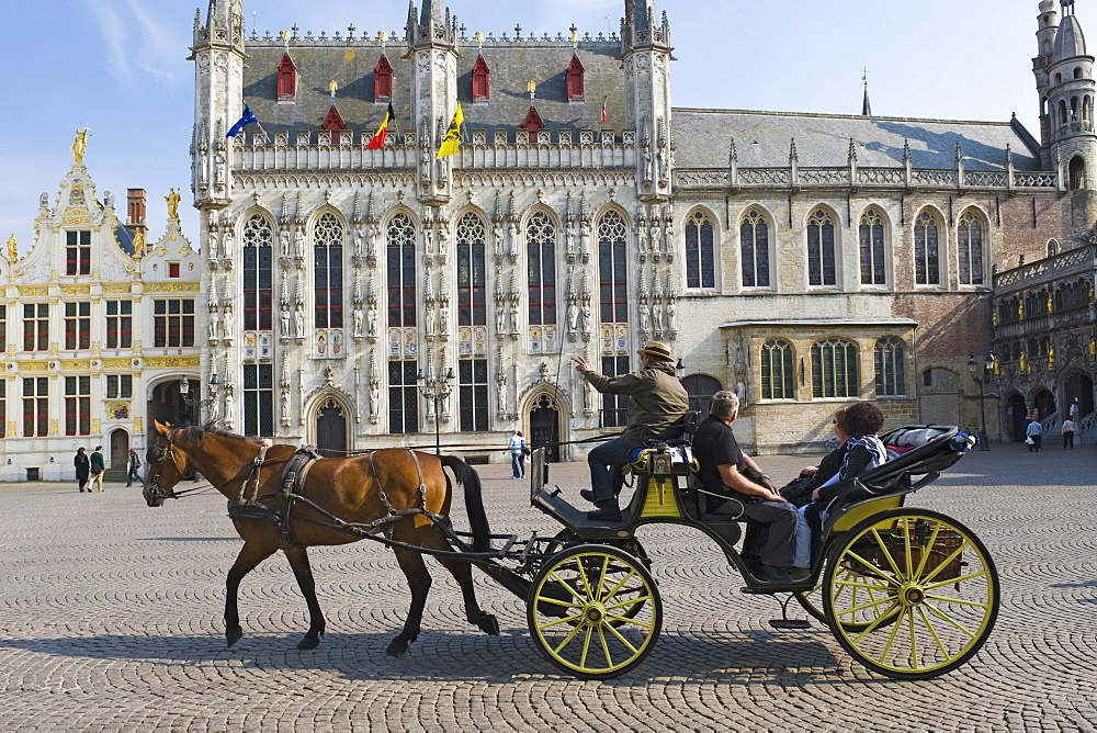 Castle and city hall, horse coach, historic centre of Bruges, Unesco World Heritage Site, Belgium, Europe