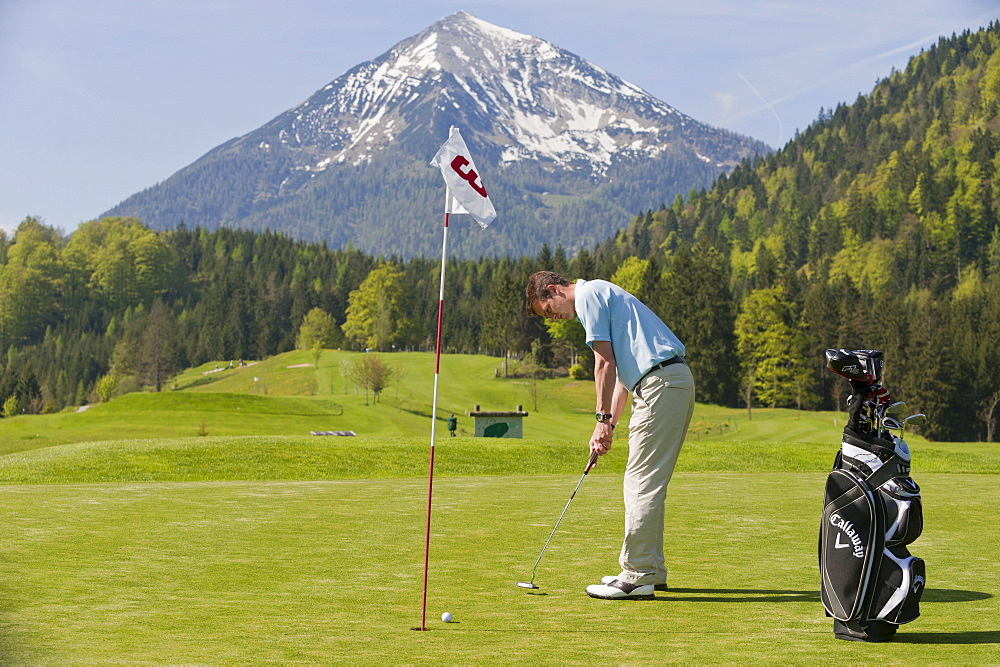 Golfer putting, alpine golf course, Achenkirch, Tyrol, Austria, Europe