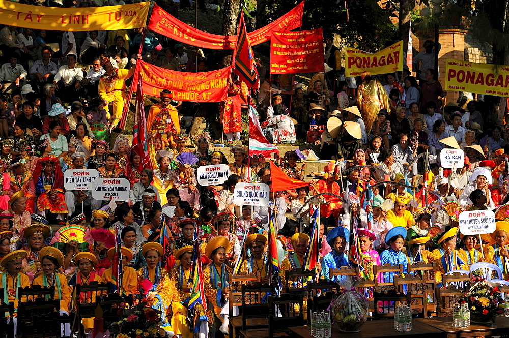 Spectators in the stands, largest and most important religious festival of the Cham, Po Nagar Temple, Vietnam, Southeast Asia