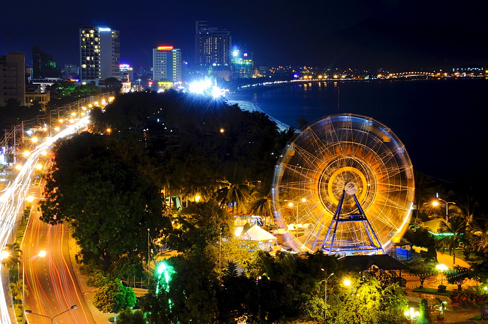 Night shot of Nha Trang with the Ferris wheel landmark, Vietnam, Southeast Asia