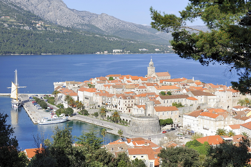 Overlooking the historic town of Korcula, Croatia, Europe