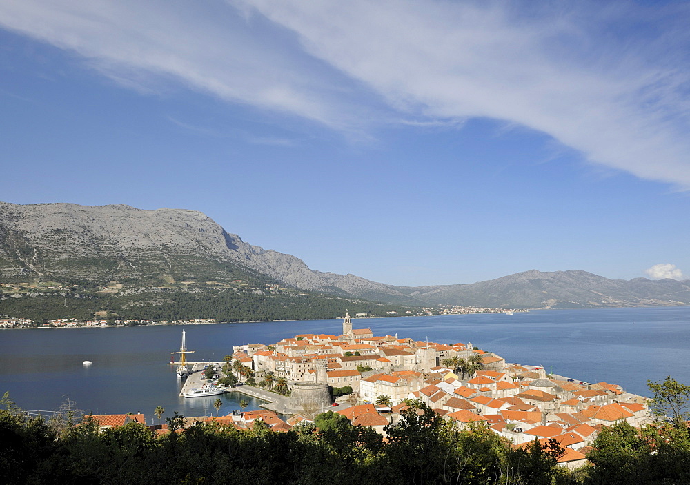 Overlooking the historic town of Korcula, Croatia, Europe