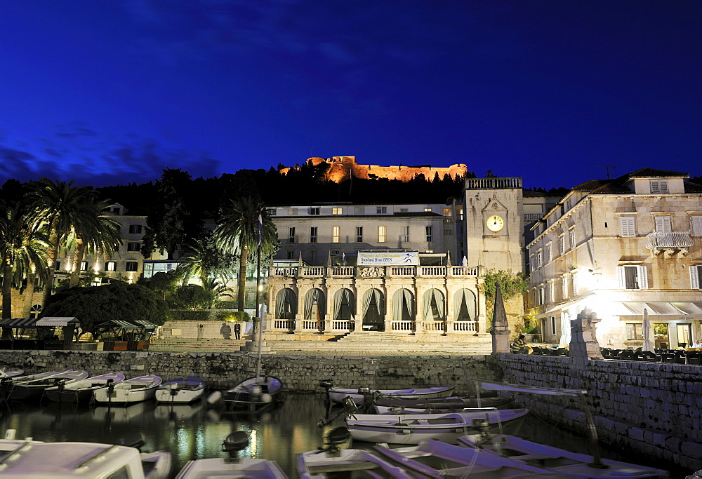 Loggia with bell tower and Spanjola fortress, town of Hvar, Hvar island, Croatia, Europe