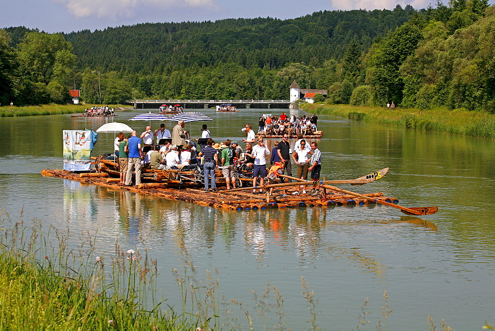 Raft ride on the Isar river in Wolfratshausen, Bavaria, Germany, Europe