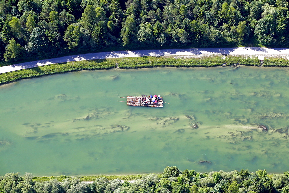 Aerial view, rafting on the Isar river, here in the channel north of the Icking weir, Bavaria, Germany, Europe