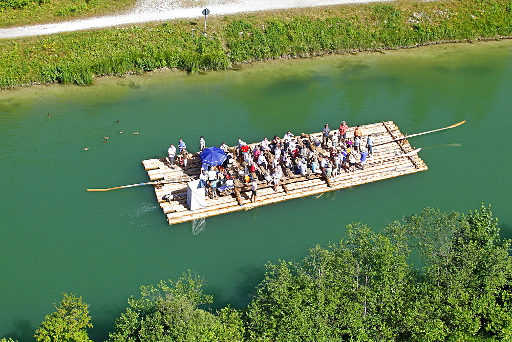 Aerial view, rafting on the Isar river, here in the channel north of the Icking weir, Bavaria, Germany, Europe