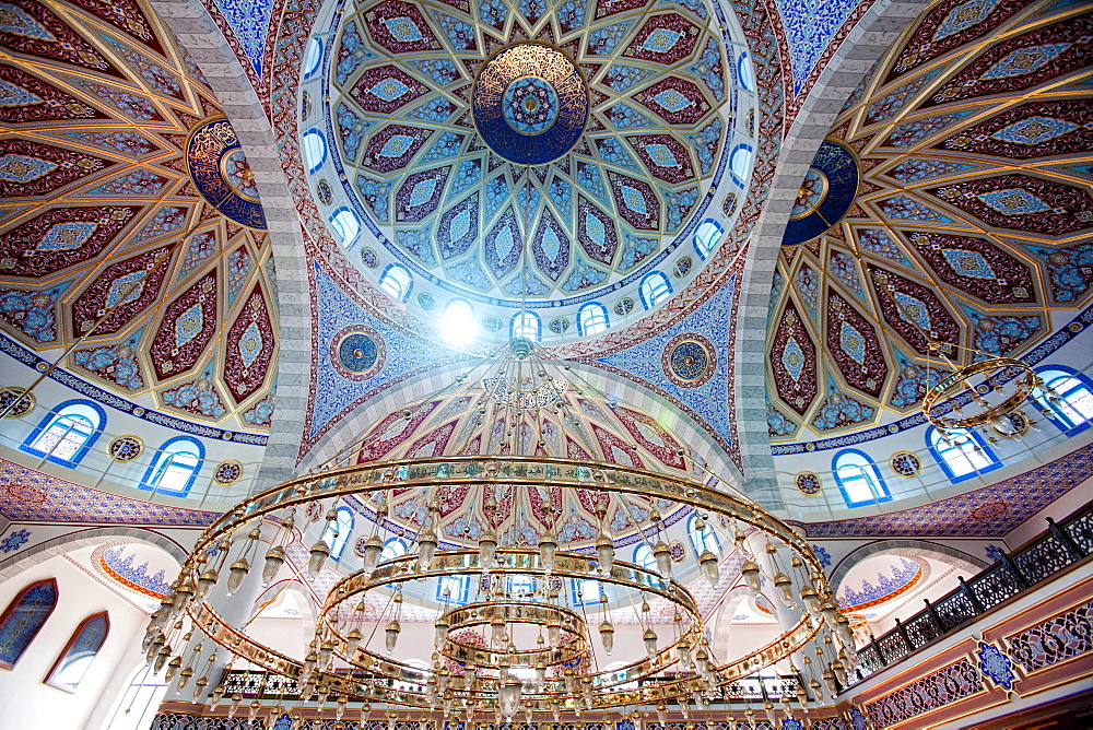 Interior of the Ditib Merkez Mosque, Germany's largest mosque, Duisburg-Marxloh, North Rhine-Westphalia, Germany, Europe