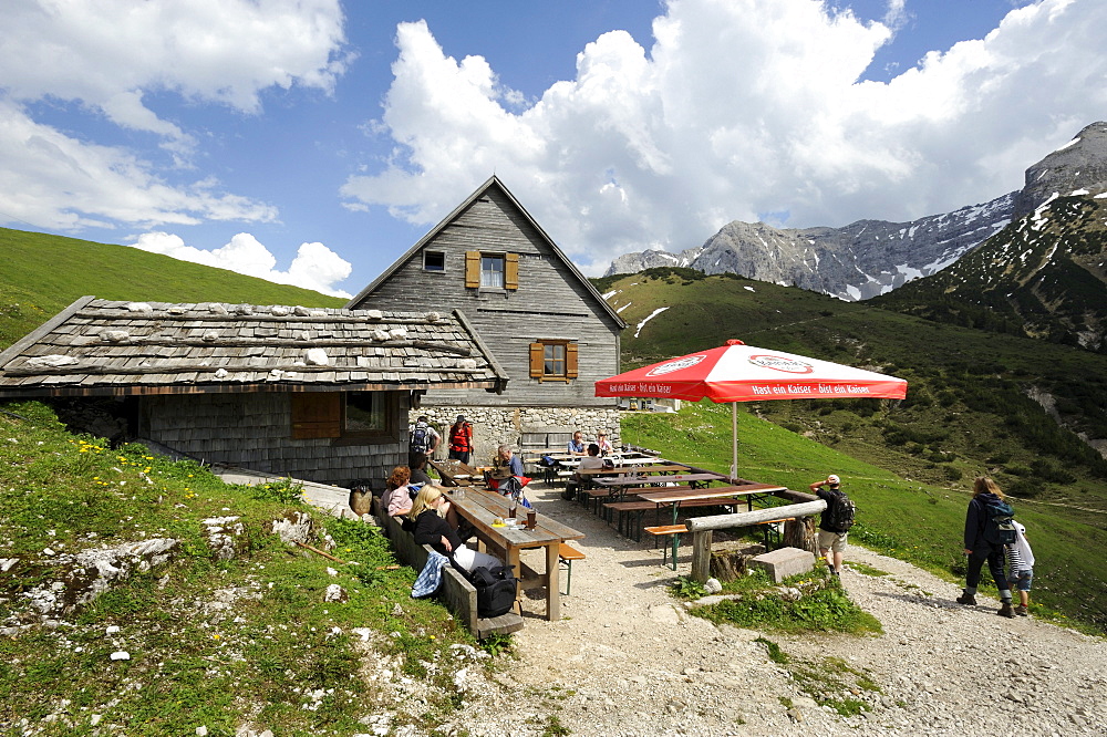 Plumsjoch hut on Plumsjoch mountain in Eng in the Karwendel mountain range, Rissbachtal valley, Tyrol, Austria, Europe