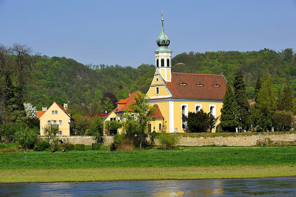 Maria am Wasser mariner's church on the Elbe river in Hosterwitz-Pillnitz in Dresden, Saxony, Germany, Europa