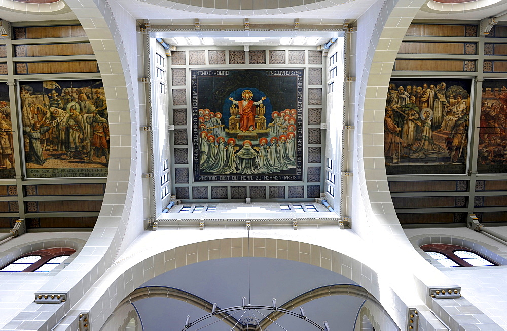 Interior, ceiling painting, nave, Catholic Dreifaltigkeitskirche church, Offenburg, Baden-Wuerttemberg, Germany, Europe