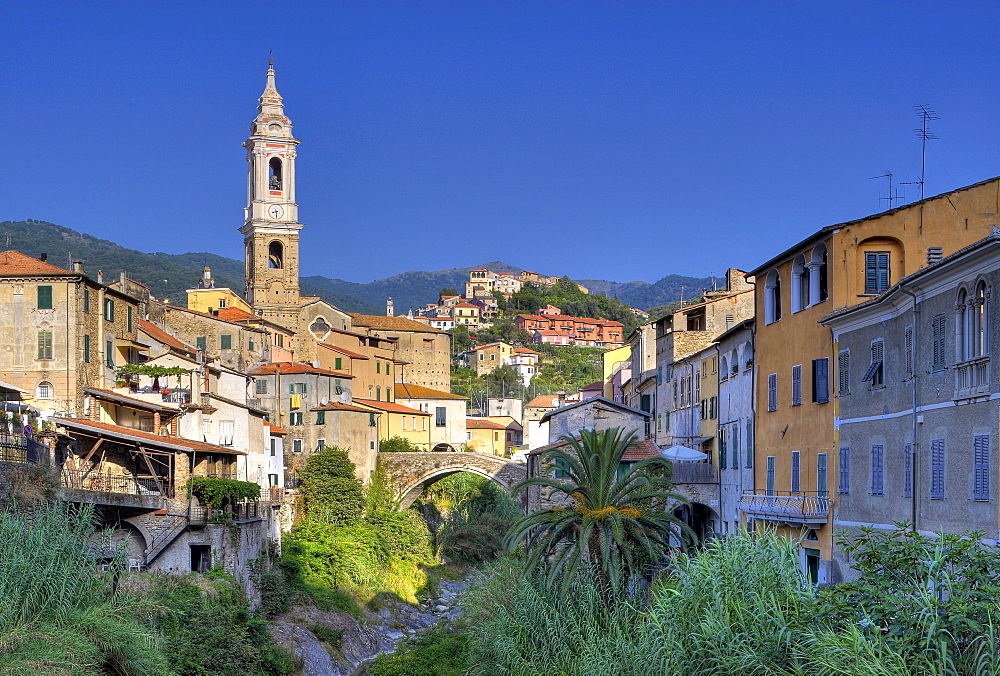 Parish church of San Tomaso with Ponte Grande over the Prino river, Dolcedo, Riviera dei Fiori, Liguria, Italy, Europe