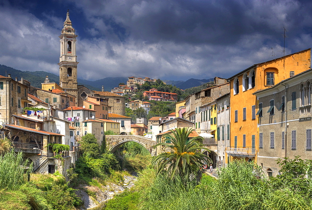 Parish church of San Tomaso with Ponte Grande over the Prino river, Dolcedo, Riviera dei Fiori, Liguria, Italy, Europe