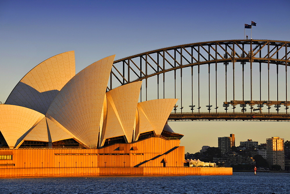 Sydney Opera House and Harbour Bridge at sunrise, Sydney, New South Wales, Australia