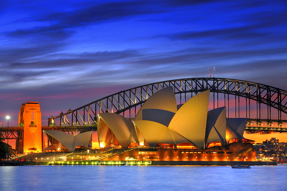 Sydney Opera House and Harbour Bridge at night, Sydney, New South Wales, Australia