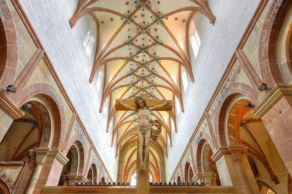 Interior, crucifix in the nave of the Lay Church, rib vaulting, Maulbronn Monastery, Cistercian Abbey, UNESCO World Heritage Site, Kraichgau, Baden-Wuerttemberg, Germany, Europe