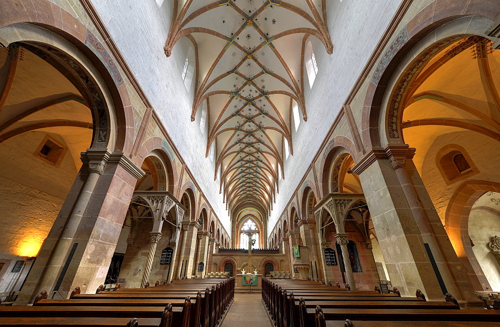 Interior, nave of the Lay Church with baldachins, crucifix, rib vaulting, Maulbronn Monastery, Cistercian Abbey, UNESCO World Heritage Site, Kraichgau, Baden-Wuerttemberg, Germany, Europe