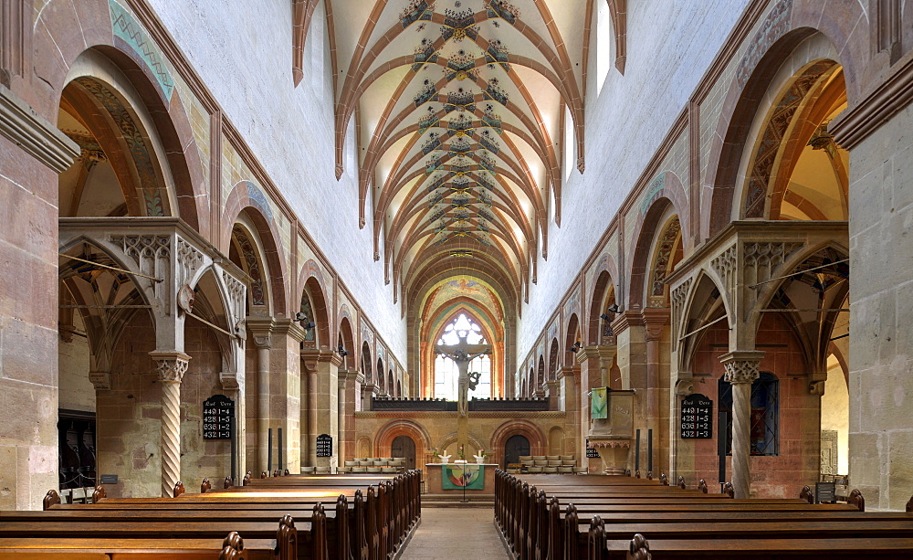 Interior, nave of the Lay Church with baldachins, crucifix, rib vaulting, Maulbronn Monastery, Cistercian Abbey, UNESCO World Heritage Site, Kraichgau, Baden-Wuerttemberg, Germany, Europe