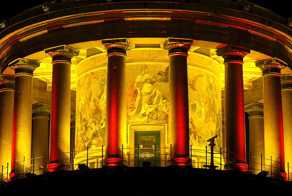 Victory Column, detail, portico with glass mosaics, illuminated during the annual Festival of Lights, Tiergarten, Berlin, Germany, Europe