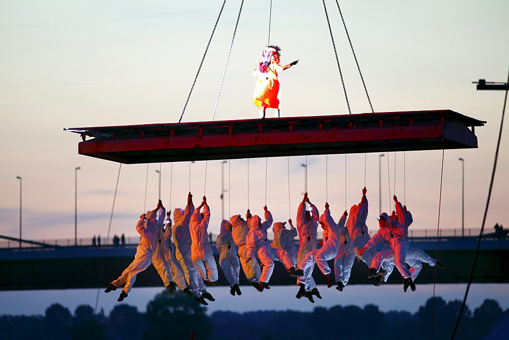 Global Rheingold, theatrical spectacle of the Spanish theatre group La Fura dels Baus, opening of the theatre festival Duisburg accents, part of the European Capital of Culture Ruhr 2010 celebrations, open-air theatre on Mercatorinsel in the harbour of Du