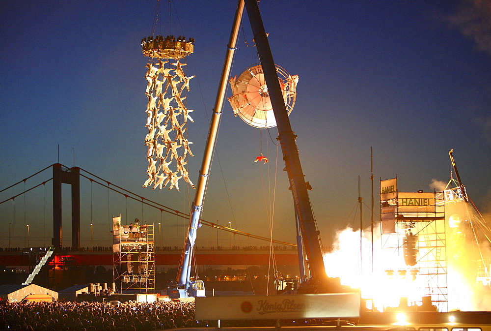 Global Rheingold, theatrical spectacle of the Spanish theatre group La Fura dels Baus, opening of the theatre festival Duisburg accents, part of the European Capital of Culture Ruhr 2010 celebrations, open-air theatre on Mercatorinsel in the harbour of Du