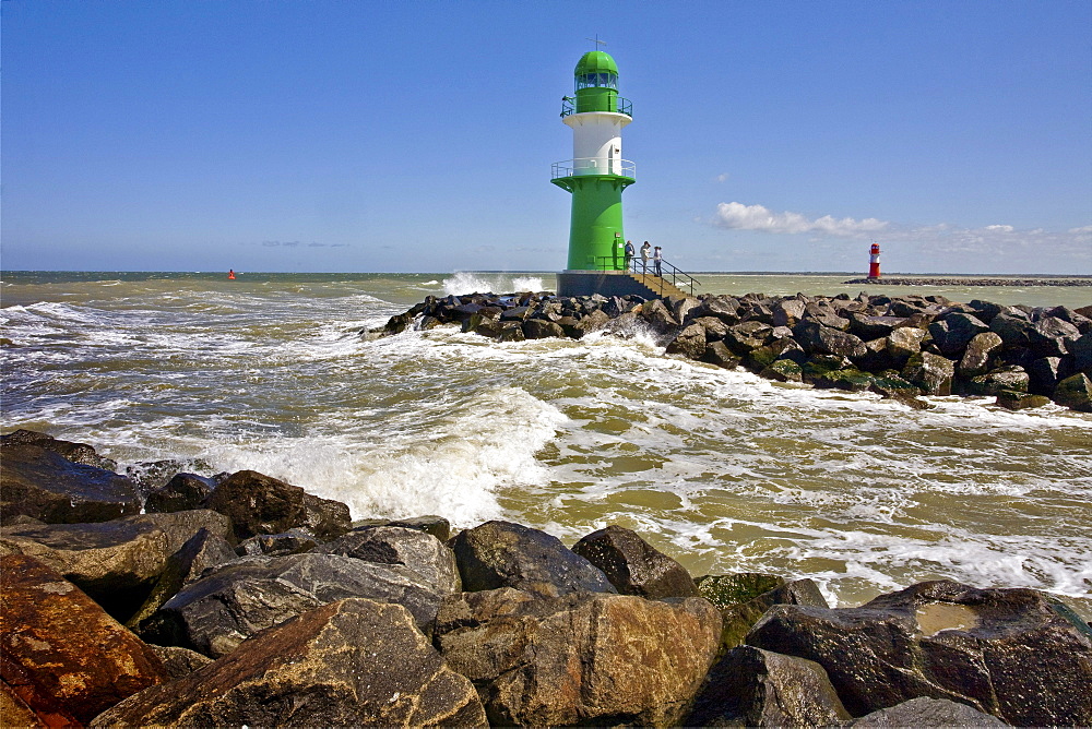 Port, lighthouses viewed from West pier, Warnemuende, Mecklenburg-Vorpommern, Germany, Europe