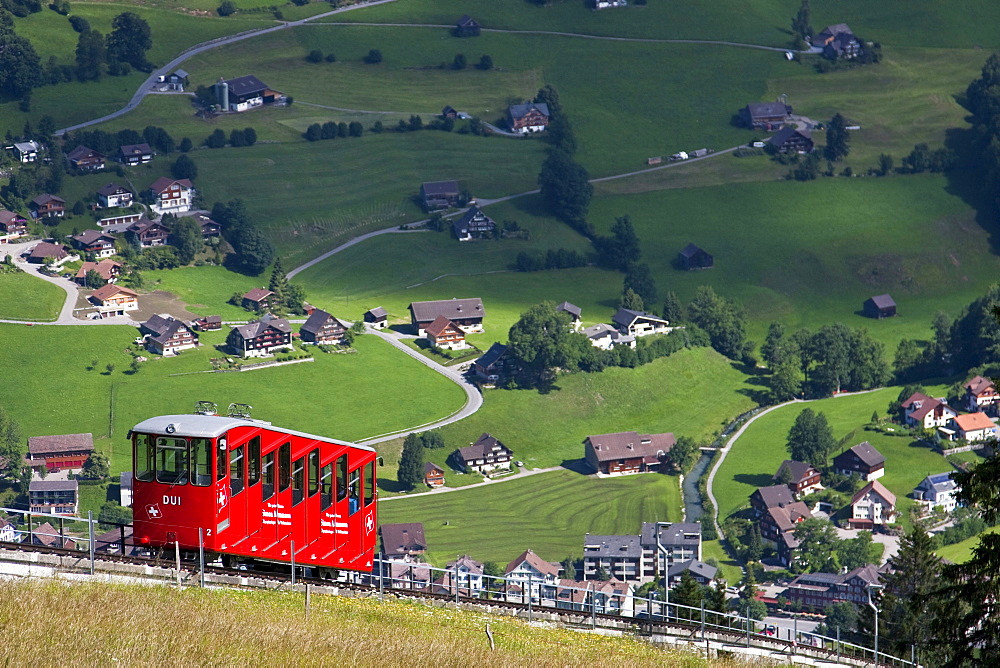 Funicular railway over Toggenburg landscape, Unterwasser, Canton St Gallen, Switzerland, Europe