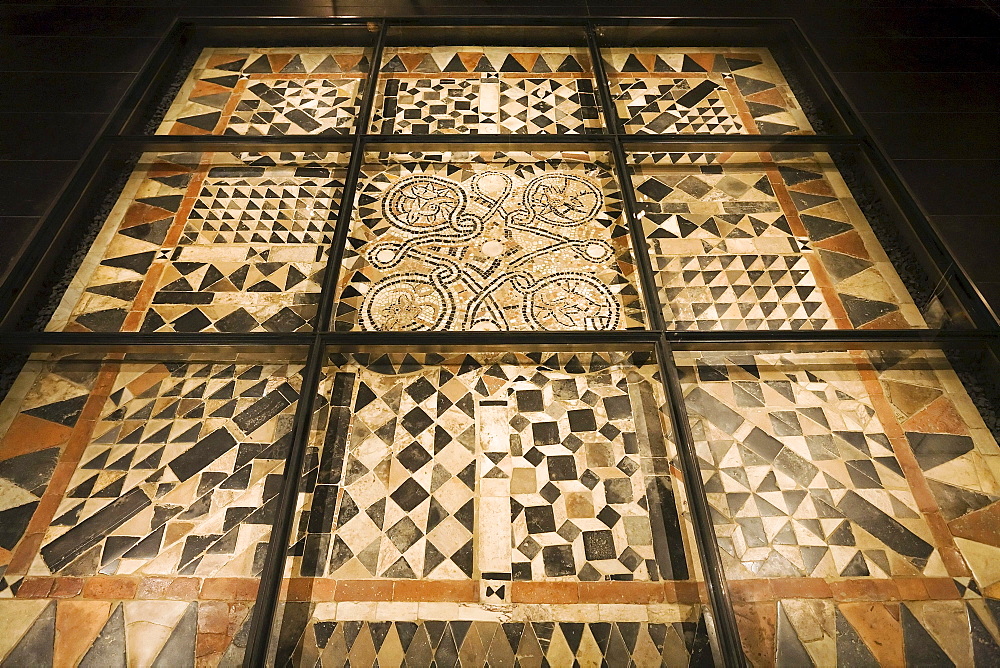 Medieval mosaic floor under glass, Stiftsmuseum Museum Xanten monastery museum, Xanten, Niederrhein region, North Rhine-Westphalia, Germany, Europe