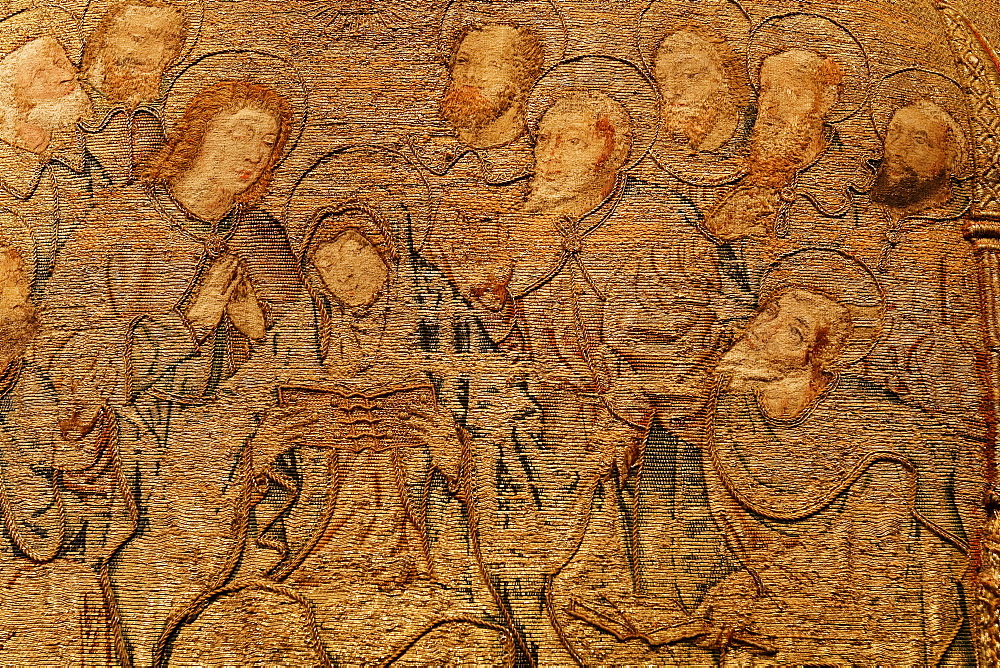 Mary and the apostles with halo, elaborate embroidery on a chasuble, historical liturgical garment, Stiftsmuseum Museum Xanten monastery museum, Xanten, Niederrhein region, North Rhine-Westphalia, Germany, Europe