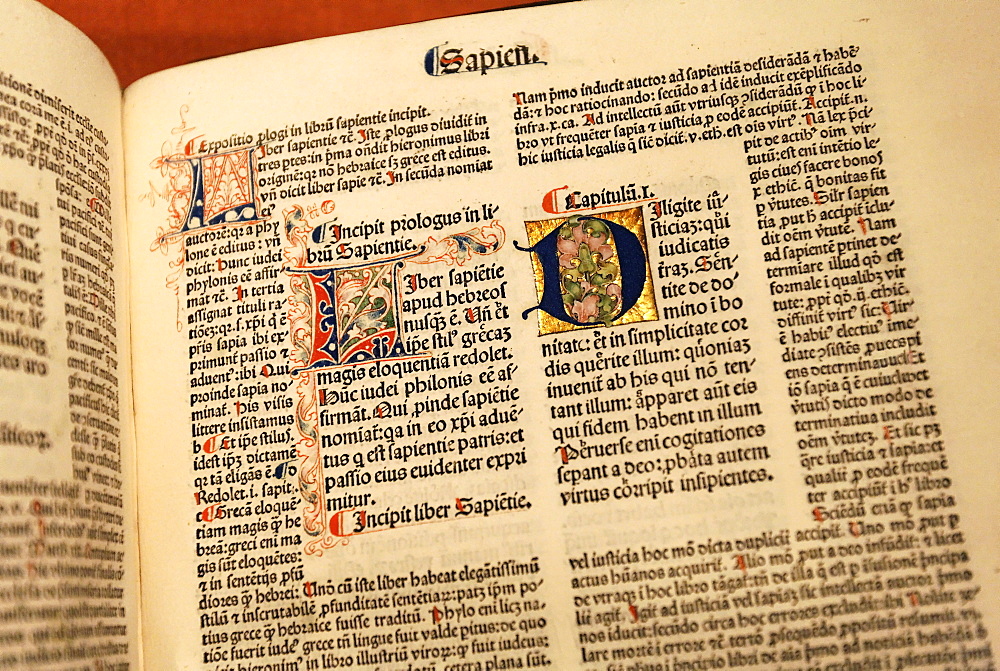 Handwritten bible with elaborate illuminations, Stiftsmuseum Museum Xanten monastery museum, Xanten, Niederrhein region, North Rhine-Westphalia, Germany, Europe