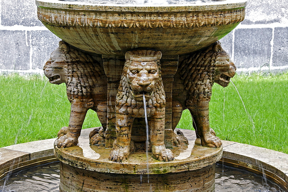 Lion Fountain in the so-called Paradise, Romanesque portico of the Benedictine Abbey Maria Laach, Eifel, North Rhine-Westphalia, Germany, Europe