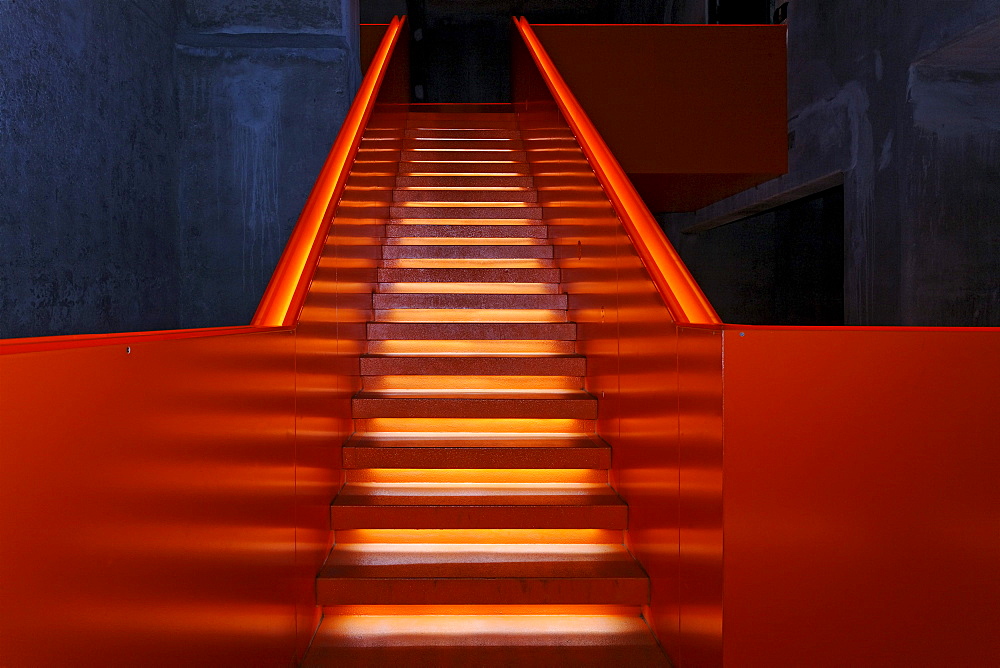 Illuminated staircase in the former coal washing plant, new Ruhr Museum, UNESCO World Heritage Site Zeche Zollverein, Essen, Ruhrgebiet region, North Rhine-Westphalia, Germany, Europe