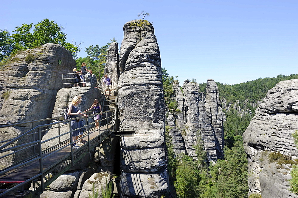 Bastei rock formation, Elbsandsteingebirge Elbe Sandstone Mountains, Saxon Switzerland, Saxony, Germany, Europe