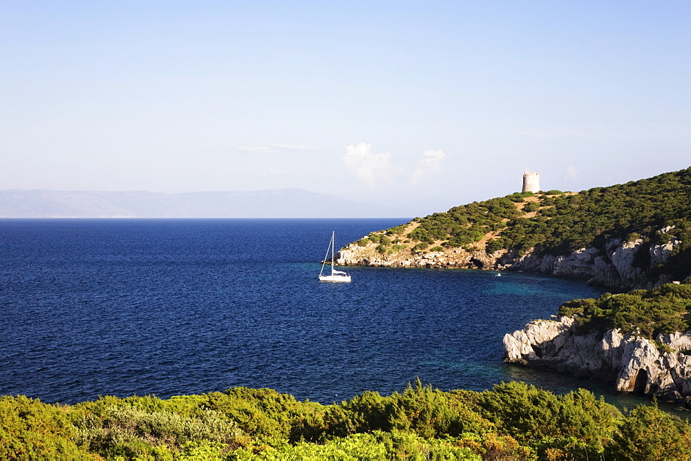 Saracen Tower in the bay of Porto Conte, Sardinia, Italy, Europe