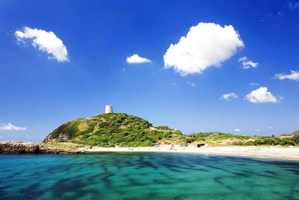 Saracen Tower, Torre di Chia, in a bay with the same name on the Costa del Sud, Sulcis Province, Sardinia, Italy, Europe