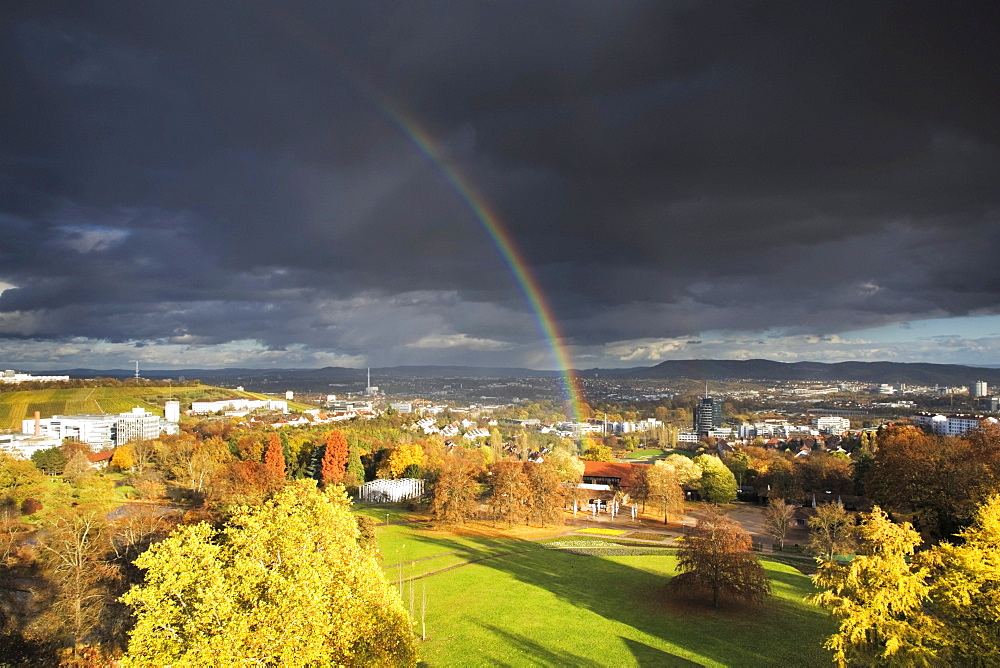 Rainbow over Killesbergpark, Stuttgart, Baden-Wuerttemberg, Germany, Europe