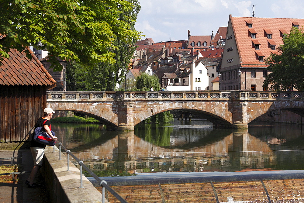 Maxbruecke Bridge crossing Pegnitz River, Nuremberg, Middle Franconia, Franconia, Bavaria, Germany, Europe