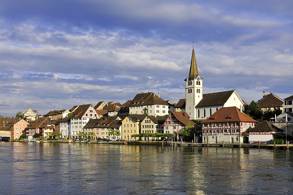 View over the Rhine to the medieval city of Diessenhofen, canton Thurgau, Switzerland, Europe